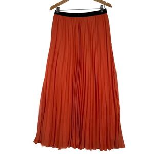 WD·NY Pleated Maxi Skirt Women L Orange Accordion Elastic Waist Lined